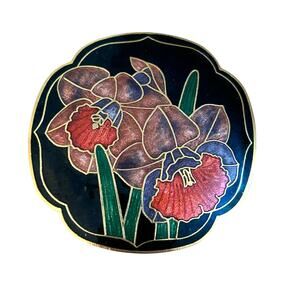 Vintage Cloisonne Floral Scalloped Edge Gold Tone Sliding Belt Buckle